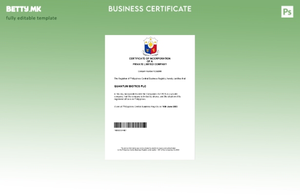 модерен стил Филипини сертификат за регистрација на бизнис Шаблон за Word и PDF 